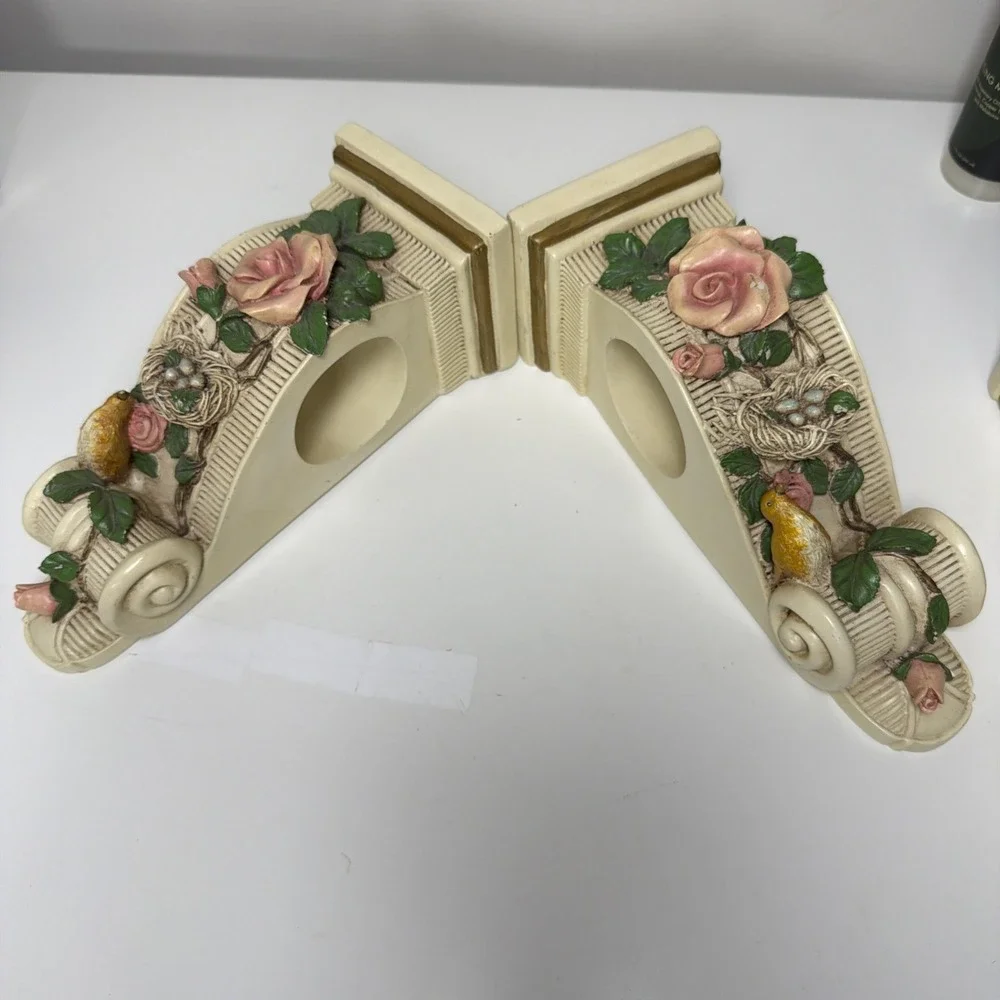 Drape Scarf Holder‎ Cream Gold Trim Red Rose Green Leaves Birds Nest w/Eggs 10in